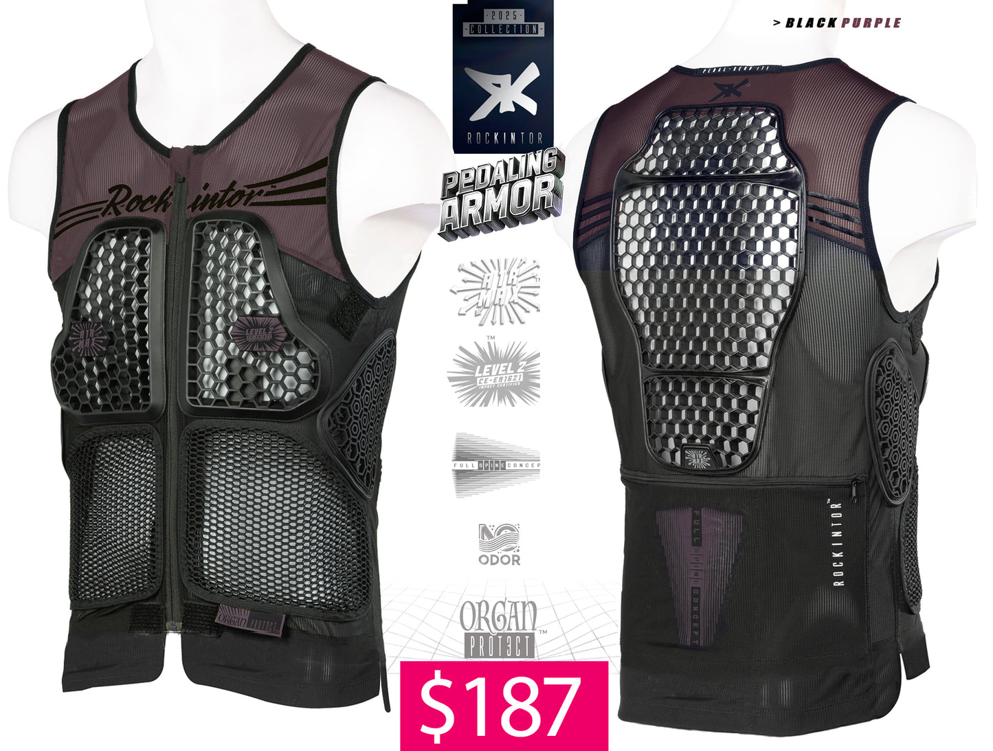 BLACK-PURPLE Rockintor A1rMax™ – OrganProt3ct™ Armor Shirt + Shoulder Base Layer  - FIRST 100 -